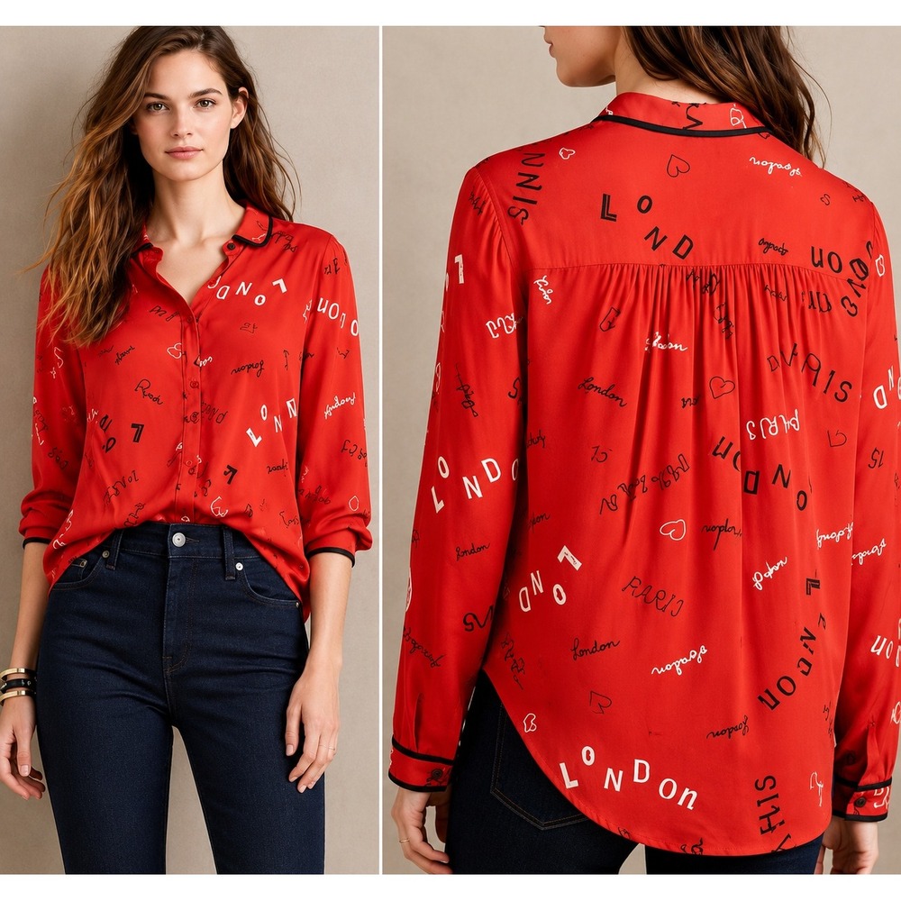 Maeve Anthropologie‎ Red Paris London Print Button Front Blouse Size 10